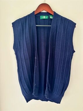 Vintage Hunt Club Navy Ribbed Sleeveless Cardigan Vest 100% Cotton Sz Small